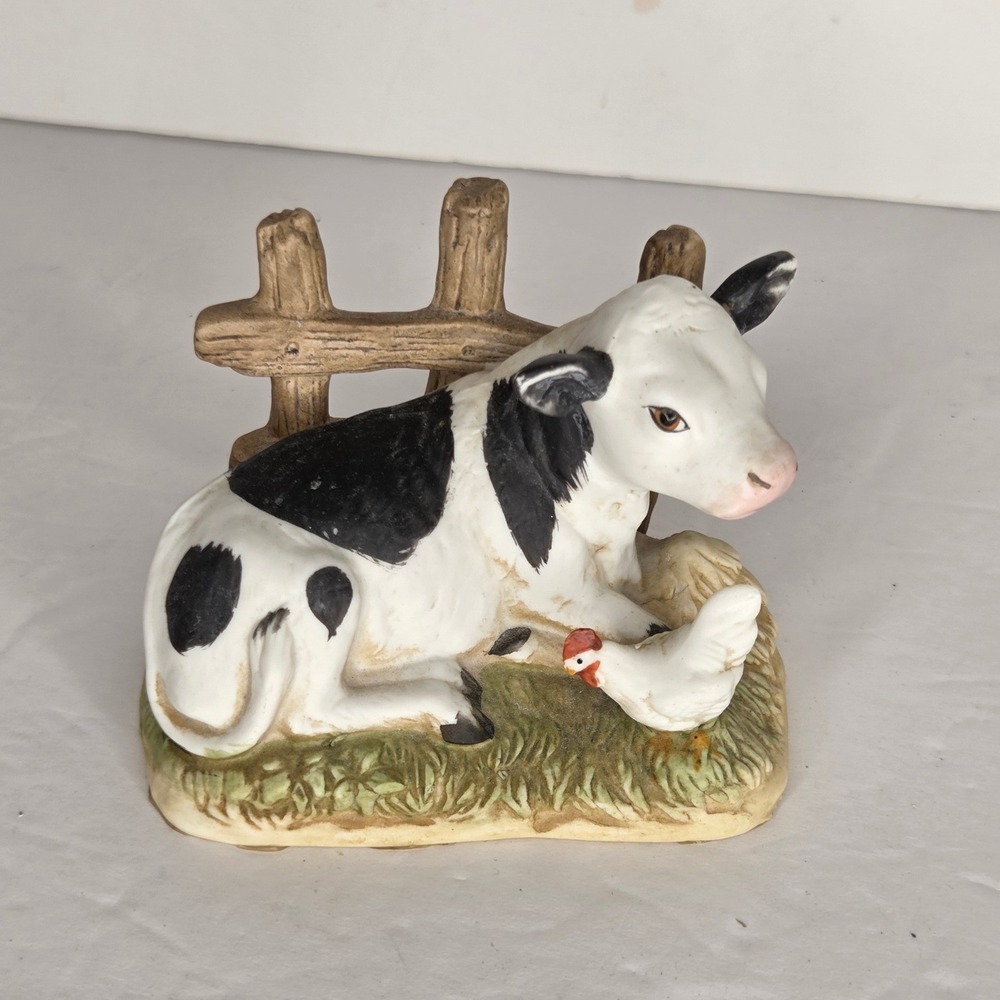 Vintage Homeco Ceramic Cow and Chicken Farm Figurine Holstein Farmhouse Decor